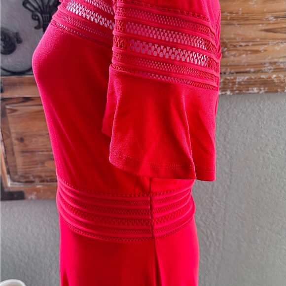 Michael Kors Bright Red Open Weave Mesh Insert Dress w/Ruffled Hem - Sz M - Picture 12 of 16